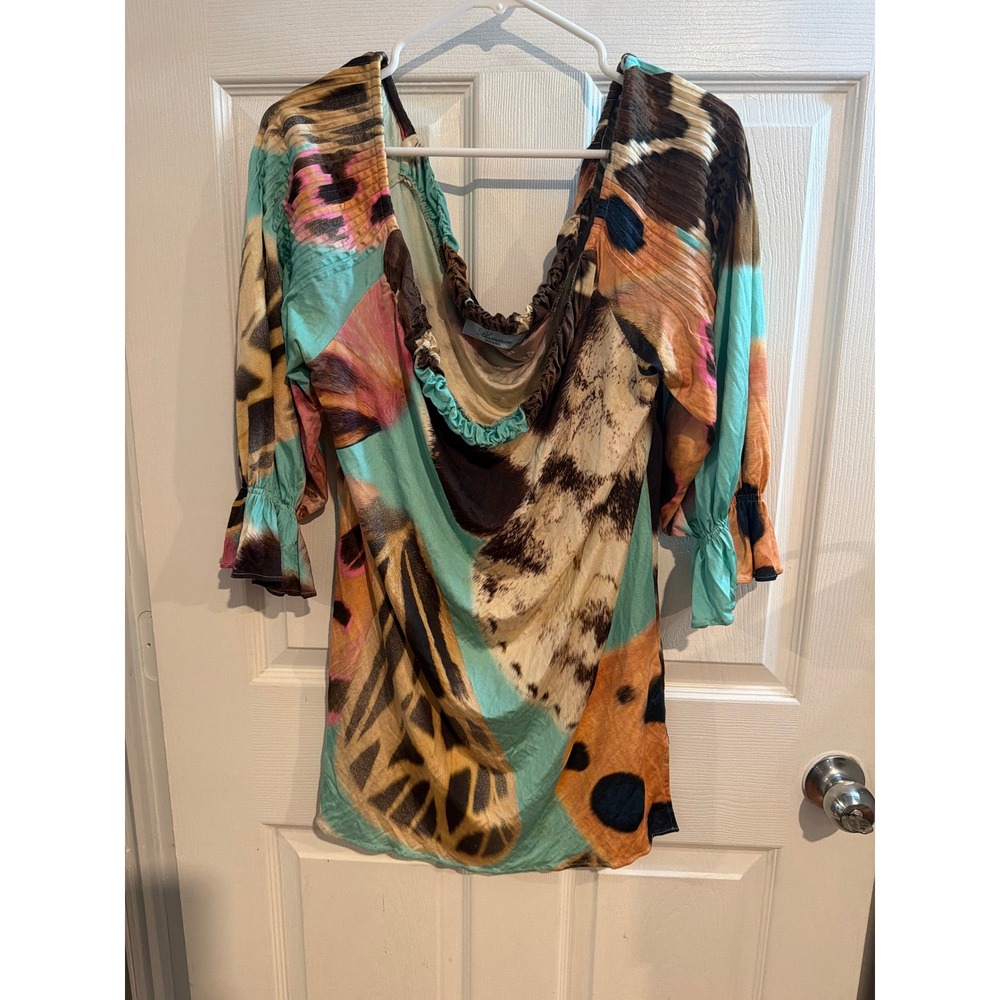 Blumarine Silk Abstract Animal Print Blouse Cowl Neck 3/4 Sleeve Italy 38